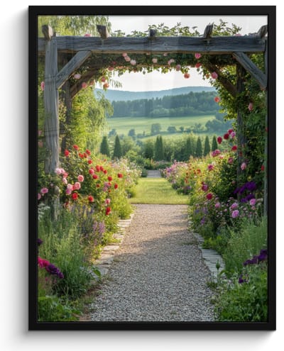 Poster in lijst - Fotolijst 50x70 cm - Posters - Doorkijk - Landschap - Natuur - Tuinboog - Bloemen - Posterlijst zwart - Decoratie - Wanddecoratie woonkamer - Muurdecoratie slaapkamer