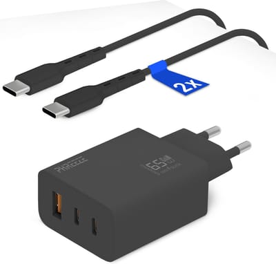 65w usb-C Oplader met 3 Poorten (2x usb-C + 1x usb-A) - Inclusief 2x usb C naar usb-C Kabels - Snellader voor Laptop en Telefoon