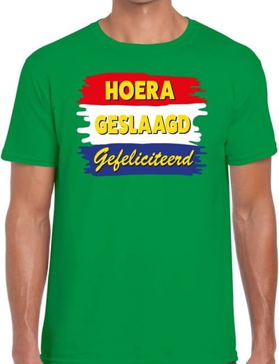 Hoera geslaagd gefeliciteerd t-shirt groen heren - feest shirts heren - geslaagd kleding S