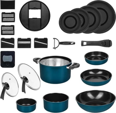 Dailygoods- Kookgerei 27-delige Set - Pannen/Potten - Antiaanbaklaag - Snij-inzetstukken - Deksels - Duurzaam Materiaal - Keukenware