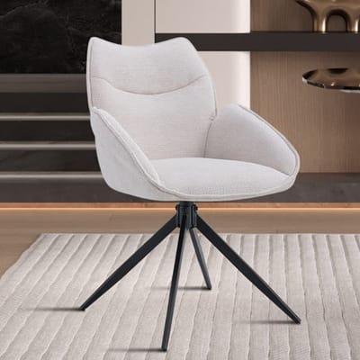 Draaibare Eetkamerstoel Mahi Beige – Luxe Stof – Armleuningen – Zwarte Metalen Poten – Per stuk