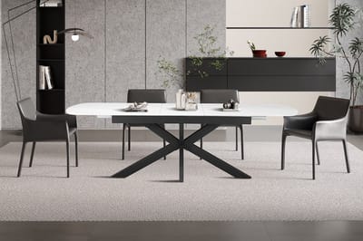 Uitschuifbare Eettafel Hestia 180-220 x 90 cm – Deens Ovalen vorm – Witte Marmerlook – Zwart Metalen Onderstel