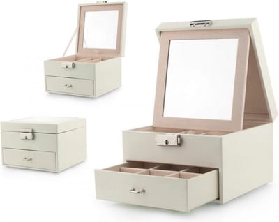 Sieradendoos - Juwelen doos voor sieraden organizer (ring, ketting, oorbellen, horloge) – Dames bijouterie doos -Wit - Met Grote Spiegel