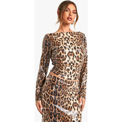 boohoo Dames Leopard Pailletten Rugloze Top | Brown | Maat: 6