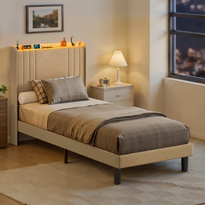 Xbro Gestoffeerd Bed 90 x 200 cm – met LED-Verlichting & USB/Type-C Oplaadpoort – Eenpersoonsbed met Hoofdbord en Lattenbodem – Beige