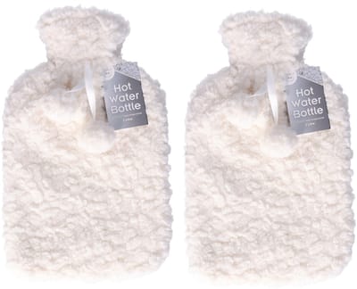 DID Warmwaterkruik - 2x - met zachte pluche hoes - wit - 2L - kruik