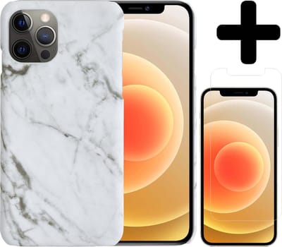 Hoesje Geschikt voor iPhone 12 Pro Hoesje Marmer Case Hard Cover Met Screenprotector - Hoes Geschikt voor iPhone 12 Pro Case Marmer Hoesje Backcover - Wit