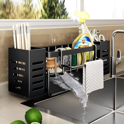 Multifunctionele Sink Organizer - Universele Afwasbak Organiser met Afneembare Handdoekhouder - Inclusief 2 Mandjes van Koolstofstaal - Zwart