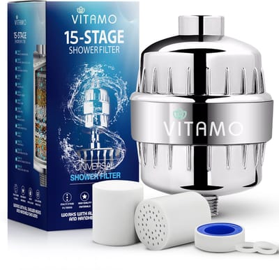 VITAMO™ Premium 15-Stage Universele Douchefilter - Inclusief Extra Vervangingsfilter - Tot 24 Maanden Gebruik - Vermindert Chloor & Kalk - Voor een Gezonde Huid, Haar & Nagels