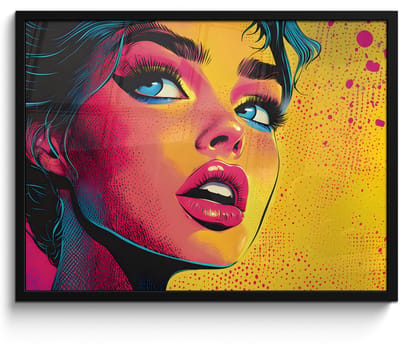 Poster in lijst - Fotolijst 80x60 cm - Posters - Close-up - Vrouwengezicht - Stippen - Geel - Posterlijst zwart - Decoratie - Wanddecoratie woonkamer - Muurdecoratie slaapkamer