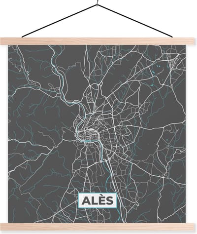 Posterhanger incl. Poster 40x40 cm - Schoolplaat - Alès - Frankrijk - Stadskaart - Kaart - Plattegrond - Textielposter - Blanke latten - Stadskaart