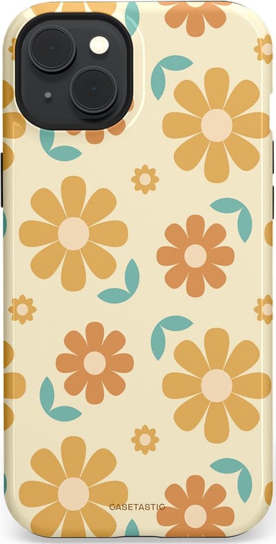 Casetastic hoesje geschikt voor Apple iPhone 15 Plus - MagSafe - Dubbellaagse bescherming - Flower power Retro Bloemen - Geel - Oranje - Blauw - Fashion Case - Crème Goud Perzik