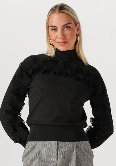 Jansen Amsterdam Barbara Trui Fn 155 Long Sleeve Plisse Ruffles Truien & vesten Dames - Sweater - Hoodie - Vest- Zwart - Maat S