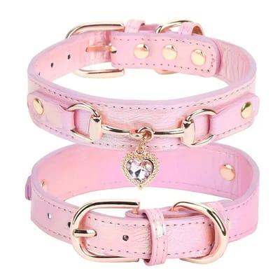 Leren Hondenhalsband Roze | Roze Hondenhalsband met diamant | Luxe Hondenhalsband Maat S | Halsband Bella Azure | Roze | Petshop Seven®