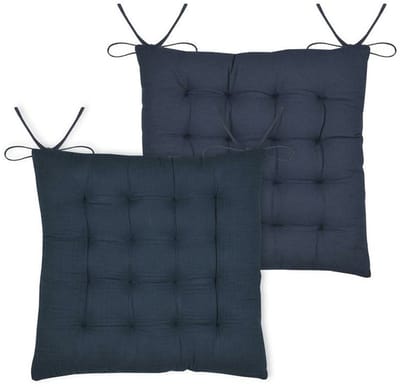 Stof Textile stoelkussen Coline - 2x - donkerblauw - 38 x 38 x 4 cm - touwtjes sluiting - zitkussens - binnen/buiten