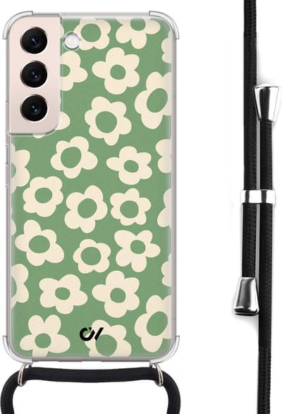 Telefoonhoesje met koord geschikt voor Samsung S22 - Retro Cute Flowers - Inclusief koord - Transparant, Groen - - Crossbody beschermhoes - Met Telefoonketting