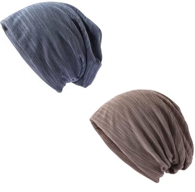 Beanie - 2 beanies - Beanies - Muts - Set - 2stuks - Hoofddeksel - Blauw en Bruin/beige - Elastisch