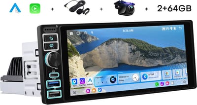 Boscer 1Din Autoradio Universeel - Apple Carplay & Android Auto (Draadloos) - Android 15 - 2+64GB - 6.9 Inch IPS HD Touchscreen - GPS Navigatiesysteem - Bluetooth, USB, USB-C, WIFI & MP5 - AHD Achteruitrijcamera & Microfoon
