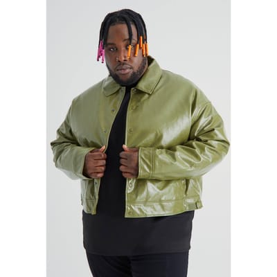 Plus Boxy High Shine PU Harrington Jacket | Olive | Size 2XL