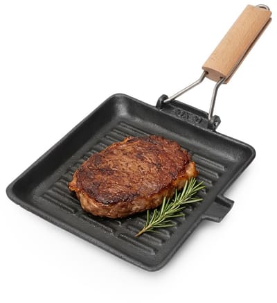 Dailygoods - Grillpan, gietijzer, steakpan, gietijzer, grillpan, inklapbare houten handgreep, gietijzeren pan, vierkante pan voor gasgrill, oven