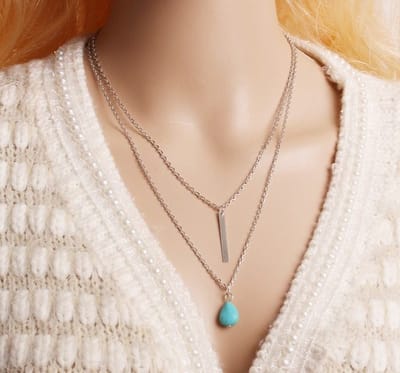 GoedeDoelen.Shop | Verzilverde ketting Turquoise & Staafje | Layer Ketting | Ketting Met Natuursteen | Turquoise |  Cadeau | Wellness-House