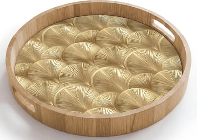 Dienblad rond 40x40 cm - Schootdienblad hout - Patroon - Waaier - Goud - Borrelplank rechthoek - Plateau houten dienbladen