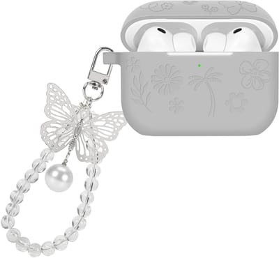 Beschermende TPU Hoes voor AirPods Pro 3e Generatie met Sleutelhanger - Schokbestendig, Antislip, Stofdicht, Bloemenpatroon in Grijs voor Vrouwen