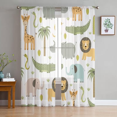 Cartoon Dier Leeuw Olifant Giraffe Transparante Gordijnen voor Woonkamer Decoratie Raamgordijnen Keuken Tule Voile Gordijnen W135 x H115cm x1 white