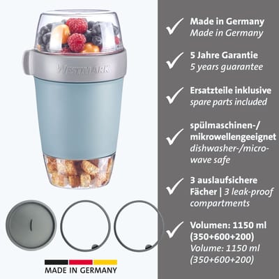 Westmark Lunchpot, groot, met 3 lekvrije compartimenten: 350 ml + 600 ml + 200 ml, inclusief 2 afdichtringen + 1 reservedeksel, plastic, van nature BPA-vrij, blauw/grijs/transparant, 528722EB