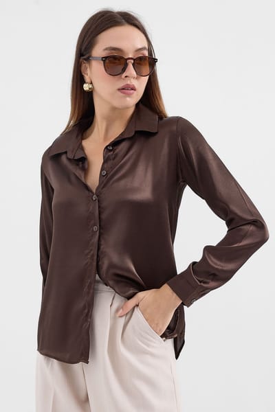 Satin Lange Mouw Knop-Up Shirt