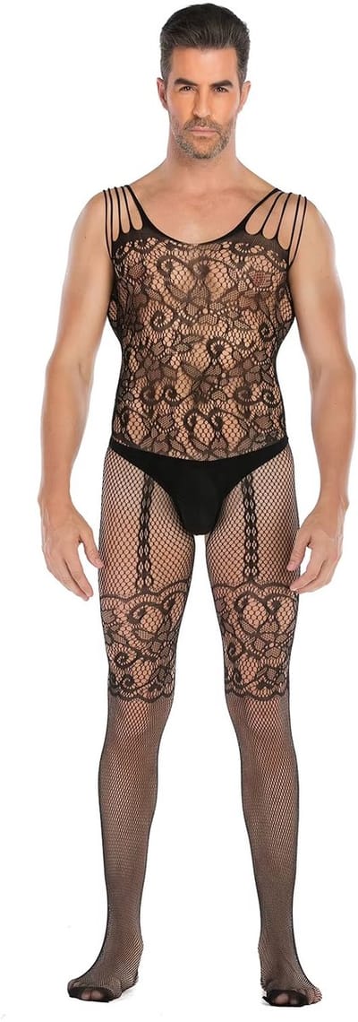 LekkerStout Heren Bodystocking - Zwart - Kant & Jarretel Look - Open Kruis - One Size M-XL | LS089