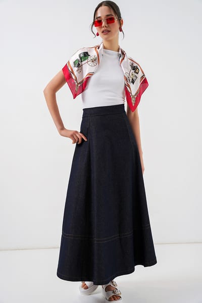 Hoge Taille Denim A-Lijn Maxi Rok met Zakken