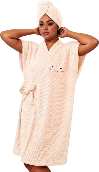 Badjas Dames 2-delige Set – Spa Badjas met Haarhanddoek en Verstelbare V-hals – Sauna en Wellness Badjas voor Thuis - Beige