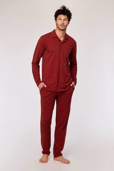 Woody - Heren Pyjama doorknoop - Donkerrode geometrische print - XXL