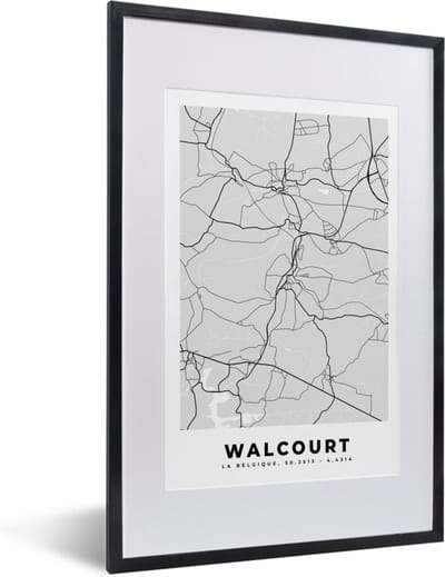 Fotolijst incl. Poster Zwart Wit- Stadskaart – Plattegrond – België – Zwart Wit – Walcourt – Kaart - 40x60 cm - Posterlijst