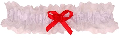 Kousenband Wit met Broderie & Rood Strikje met Roosje - 33cm Elastisch