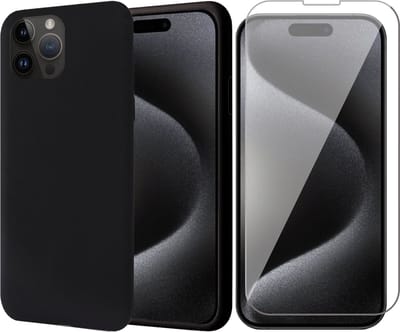 Hoesje geschikt voor iPhone 15 Pro - Screen Protector GlassGuard - Back Cover Case SoftTouch Zwart & Screenprotector