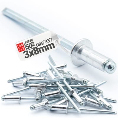 LUN FIX - Aluminium Blindnieten - 3 x 8 mm - 50 Stuks - Staal - Industrie-Standaard DIN7337