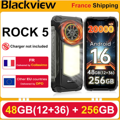Robuuste smartphone Blackview ROCK 5, Android 16, 48GB (12+36) + 256GB, 6,78-inch 2.4K-scherm, campinglantaarn, 20000mAh batterij, 33W opladen, 108MP camera, NFC, vingerafdrukherkenning, IR-invullicht