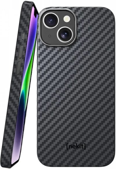 NEKIT Fiber Hoesje Geschikt voor Apple iPhone 14 - Compatibel met MagSafe - Kevlar Aramidevezels 1500D - Back Cover Ultra Dun - Grijs/Zwart