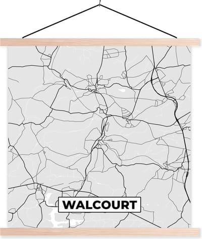 Posterhanger incl. Poster 40x40 cm - Schoolplaat - Kaart – Plattegrond – Stadskaart – Walcourt – België – Zwart Wit - Textielposter - Blanke latten - Stadskaart