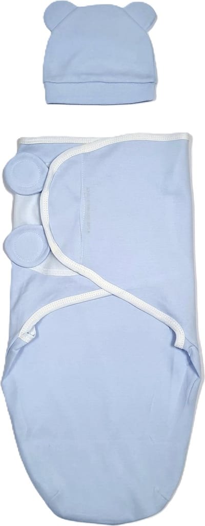 THINGS-TO-BUY Inbakerdoek – met los Mutsje – Blauw – 0-3 maanden – 100% Katoen – Omslagdoek Slaapzak – Kraamcadeau – Baby – Newborn
