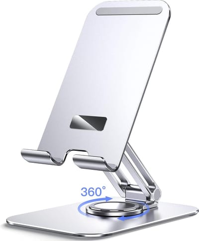 Tablet Standaard, Verstelbare Draaibare Bureauhouder met 360 Graden Roterende Basis, Opvouwbare Houder voor Pad/iPad Pro/Air/Mini, Galaxy Tab A8/A7 Lite/A7/S8/S7, Tab/Phones(4-13"), Zilver