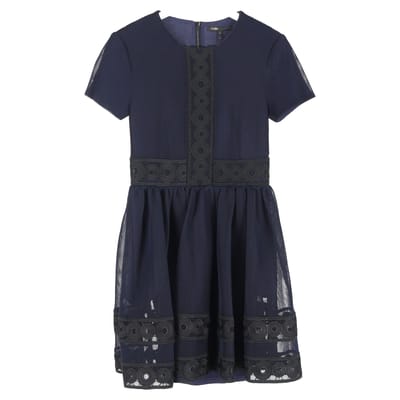 Maje mini-jurk met ronde hals en kanten details in marineblauw polyester