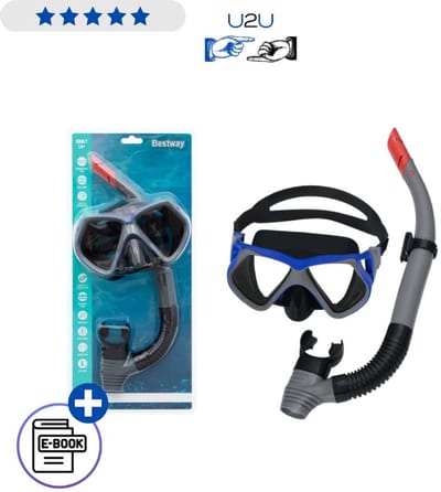 Bestway Duikset 24069 Zwarte Duikbril met Snorkel Volwassenen 14+ Snorkelset Zwemmasker met UV Bescherming Verstelbare Band Gehard Glas Latexvrij Duikmasker voor Zwembad Strand Zee Vakantie Watersport Ademset Met Ebook
