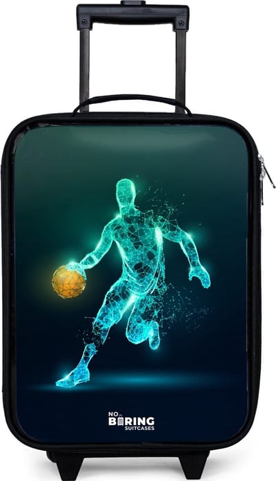 NoBoringSuitcases.com® - Kinderkoffer jongen - Kindertrolley meisje - Basketbalspeler in neon dribbelactie - Koffer kind lichtgewicht - Reiskoffer trolley voor kinderen - Koffertje met lichtgevende wieltjes - Rolkoffer zwart