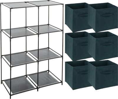 5Five Kastmandjes/opberg manden - emerald groen - 6x stuks van 29L - Metalen rekje is 68 x 98 cm