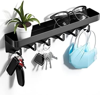 PromoHome Sleutelrek met Legplank - 6 Haken - Zonder Boren Wandmontage - Ruimtebesparende Sleutelorganizer voor Hal, Keuken of Badkamer - Zwart