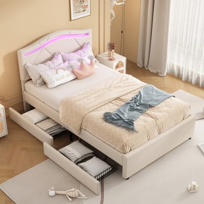 Sweiko Gestoffeerd bed 90x200cm, LED-verlichting, twee lades, linnen, zonder matras, beige