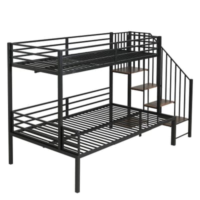 IJzeren bed, stapelbed 90x200cm+120x200cm, geschikt voor kinderen en tieners, hoekladderkast met opbergruimte, ijzer+MDF, zwart